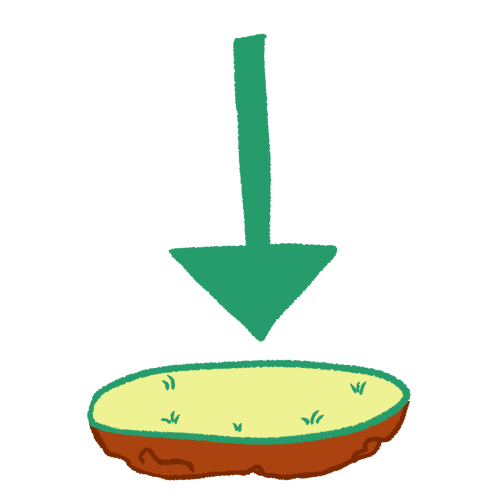 a green arrow pointing downwards onto a floating, grassy patch of land